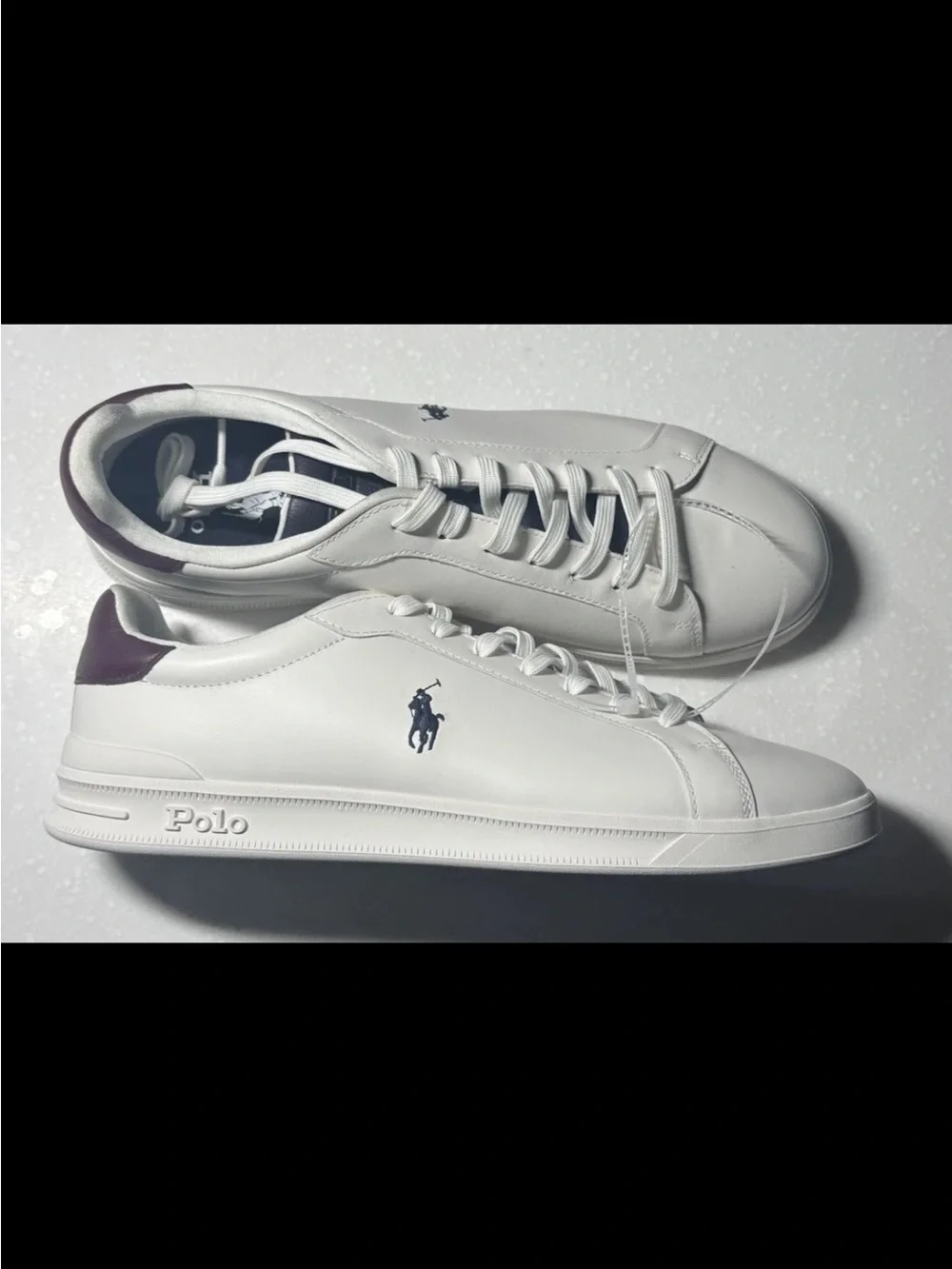 Polo by Ralph Lauren White Leather Sneakers with Burgundy Heel Accent